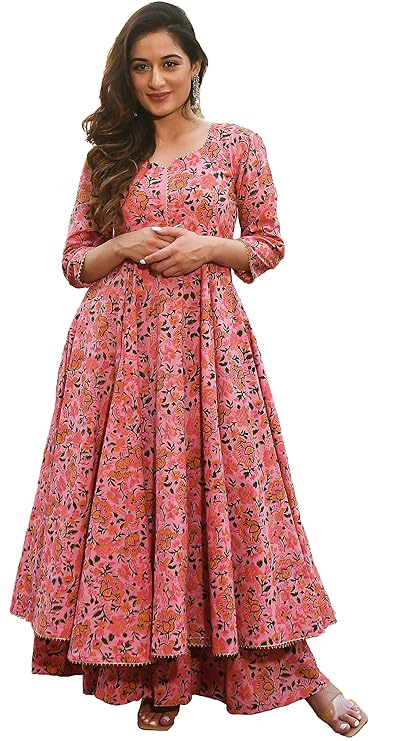 Arayna Floral Cotton Anarkali Kurti Set with Palazzo Pants for Women