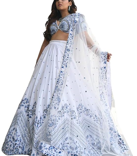 semi-stitched white satin lehenga choli