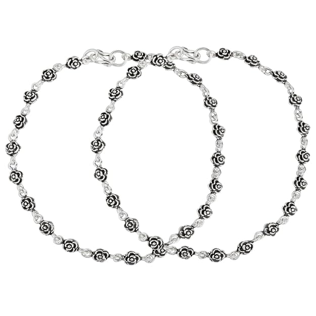 Silver Floral Anklet Pair with Rhodium