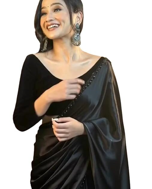 SATAZ Women Black Satin Silk Saree