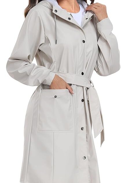 UNIQUEBELLA Women's Slim-Fit Long Trench Coat with Belt, Hood, and Windproof Design.